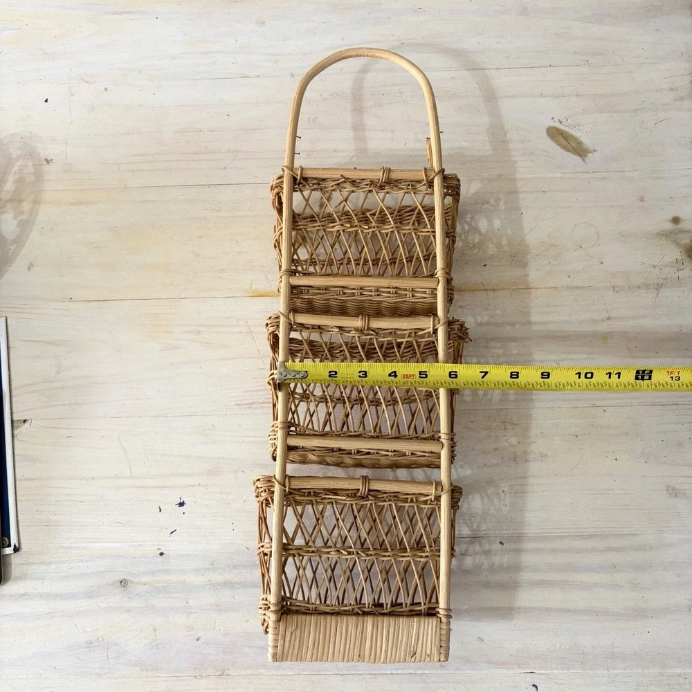 Vintage Woven Wicker 3 Tier Hanging Wall Basket Rattan Boho Mail Organizer Decor